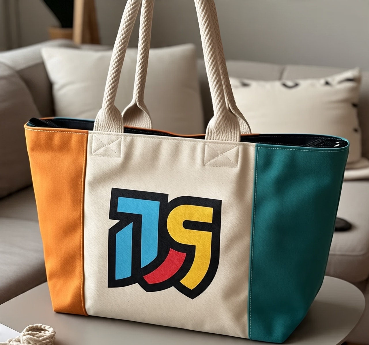 A customized tote bag with a brand logo on it.