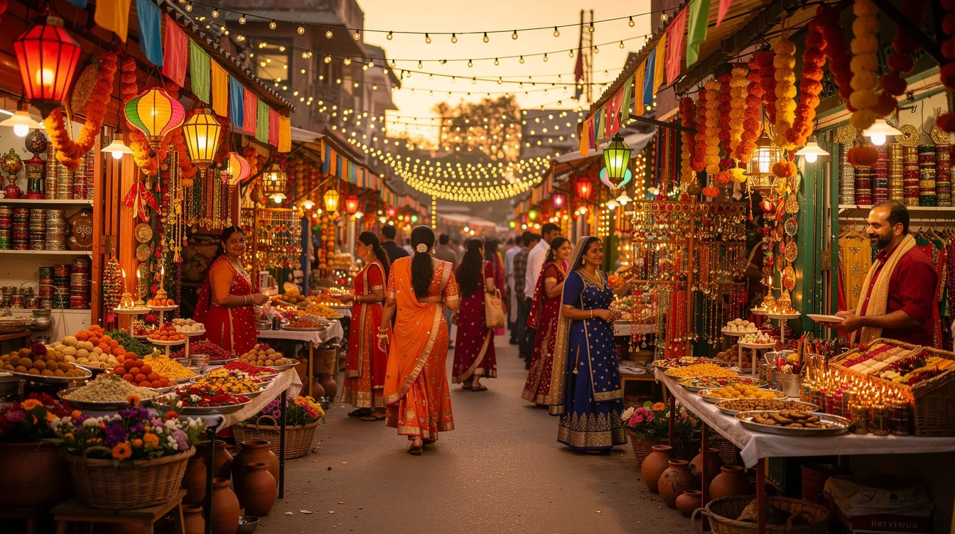 f2981226 07c0 4b8d 848d 123897b4ad7c The image depicts a lively Indian festival market filled with colorful decorations and twinkling lights, showcasing various seasonal goods in small shops. This vibrant atmosphere is ideal for micro and small enterprises seeking financial support, such as mudra loans, to enhance their business offerings and expand their operations.