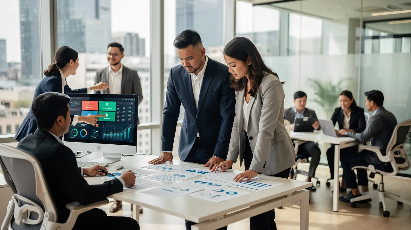 Na obrazie w nowoczesnym biurze widocznych jest kilku profesjonalistów biznesowych, którzy przeglądają dokumenty oraz ekrany komputerów, co sugeruje analizę danych dotyczących zarządzania przedsiębiorstwem. W kontekście ich pracy można zauważyć, że korzystają z systemu ERP, co może wspierać procesy planowania zasobów oraz zarządzania relacjami z klientami.