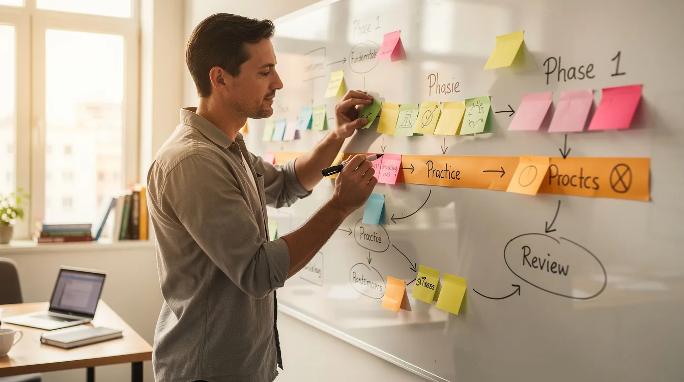 The image depicts a person standing in front of a whiteboard, actively mapping out a learning roadmap using colorful sticky notes and diagrams. This visual representation highlights the journey to become a cloud security engineer, emphasizing the importance of cloud security expertise and skill development in navigating complex cloud environments.