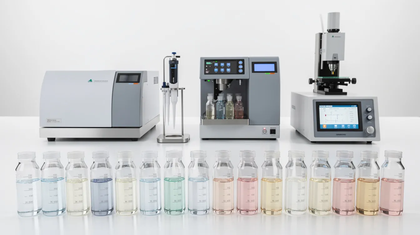 The image shows a variety of laboratory testing equipment, including vials and analytical instruments, arranged neatly on a clean white surface, which could be used for analyzing medical cannabis products in compliance with state regulations. This setup emphasizes the importance of accurate testing for registered medical cannabis patients in West Virginia's medical cannabis program.