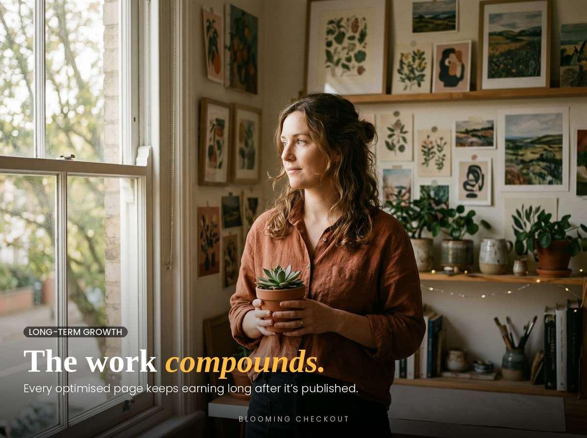 A woman in a rust linen shirt holding a potted plant in a sunlit creative workspace, representing the long-term compounding growth of SEO investment