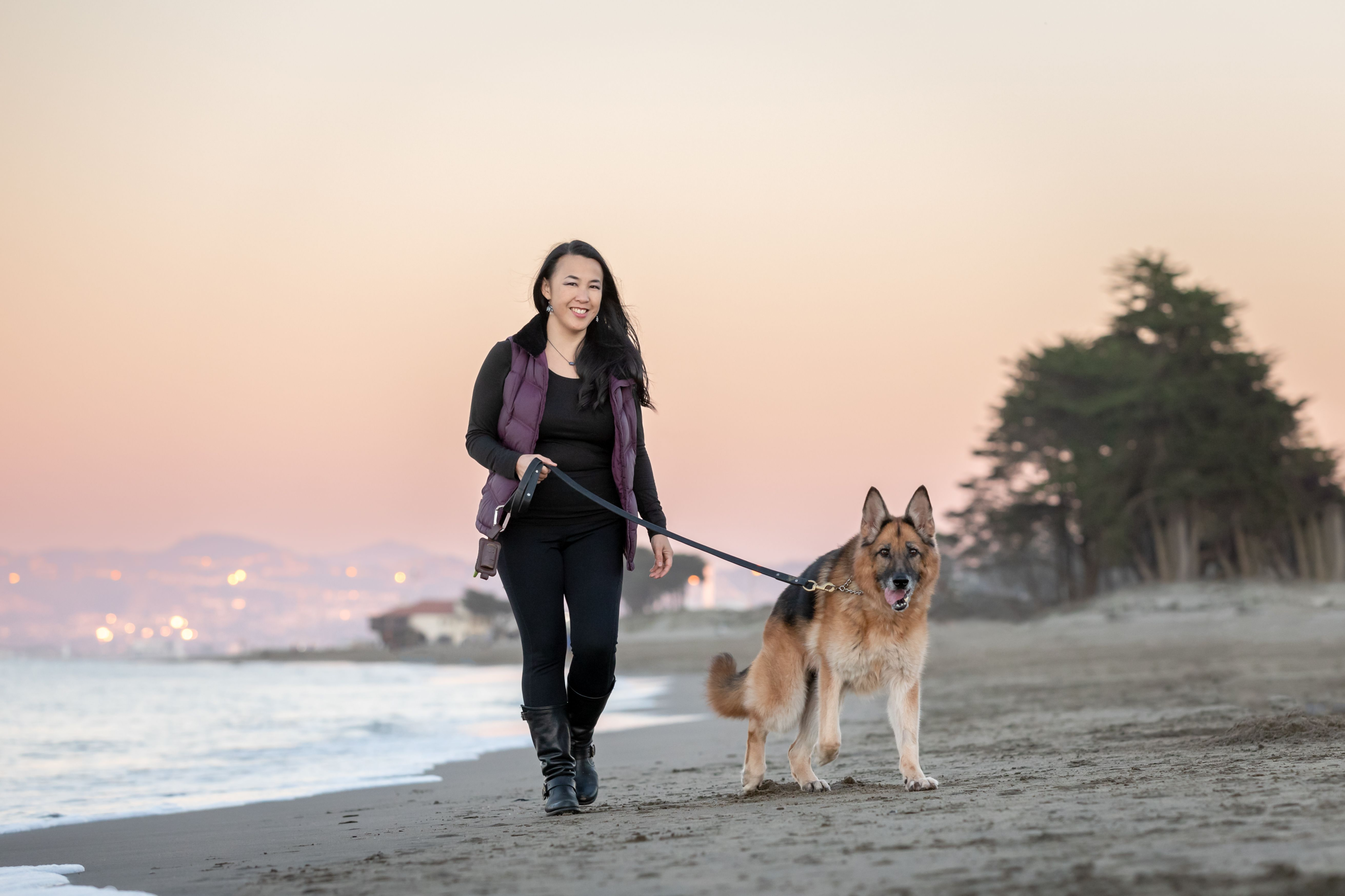 A woman and her dog walking along the beach at sunset