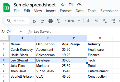 A screenshot of a Google Sheets spreadsheet with multiple cells selected.