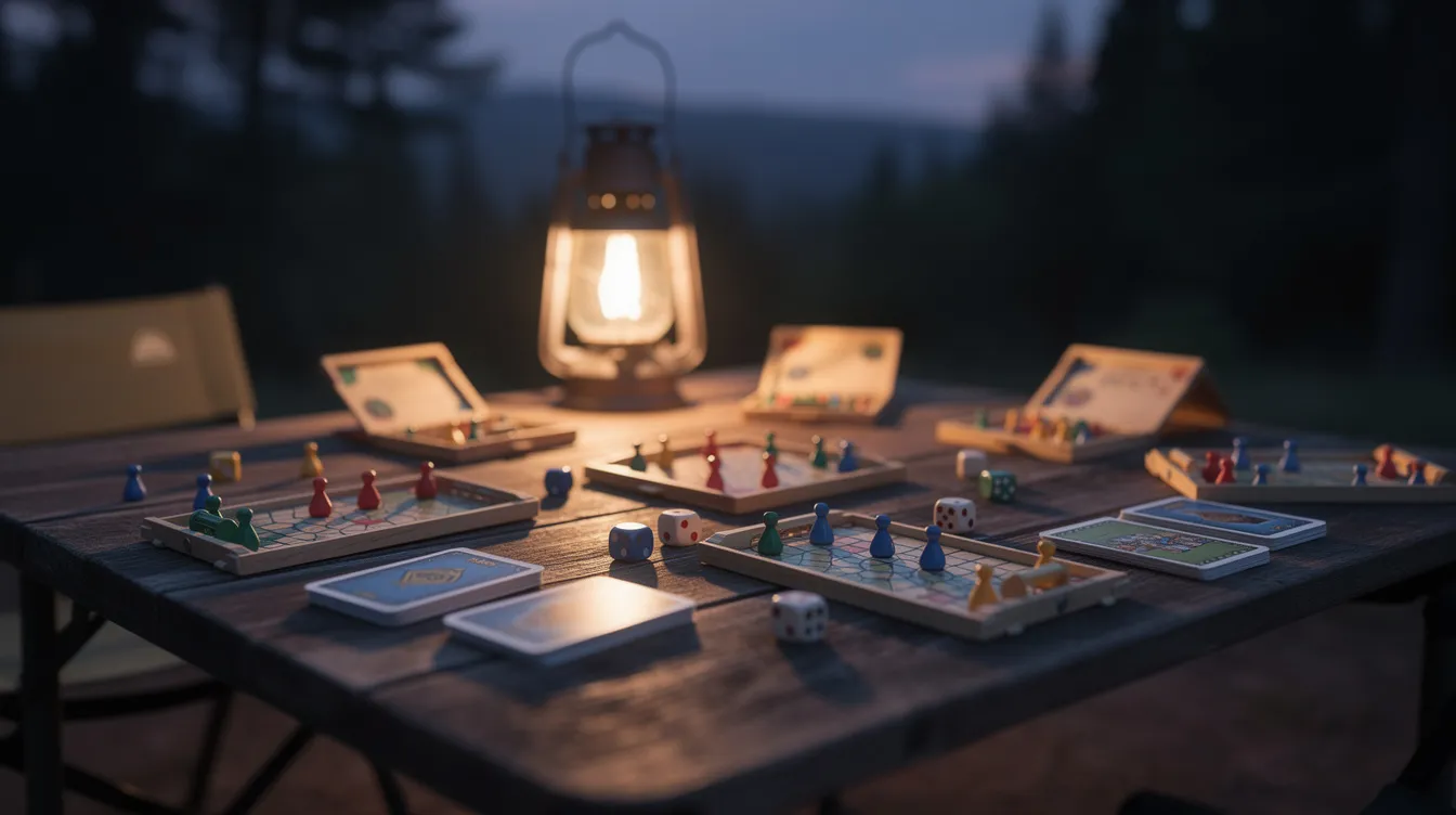A collection of compact travel board games is spread out on a wooden camp table, illuminated by a glowing lantern as dusk settles in. The scene captures the essence of outdoor entertainment, perfect for experienced players and families alike, enjoying fun and connection in a serene outdoor space.