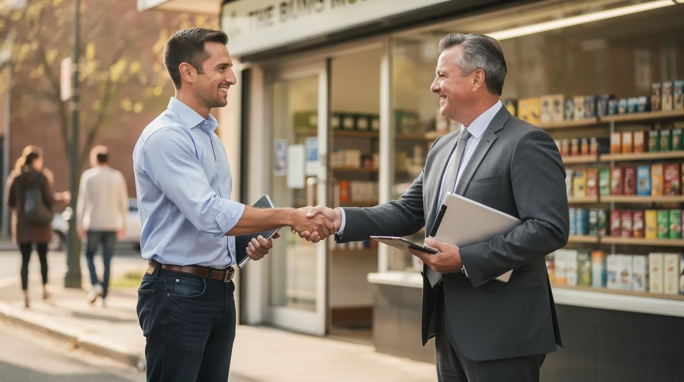 A small business owner is shaking hands with a bank officer outside their shop, symbolizing the successful completion of the mudra loan business verification process. This moment reflects the financial assistance provided to micro enterprises, demonstrating a satisfactory credit track record and the potential for future growth.