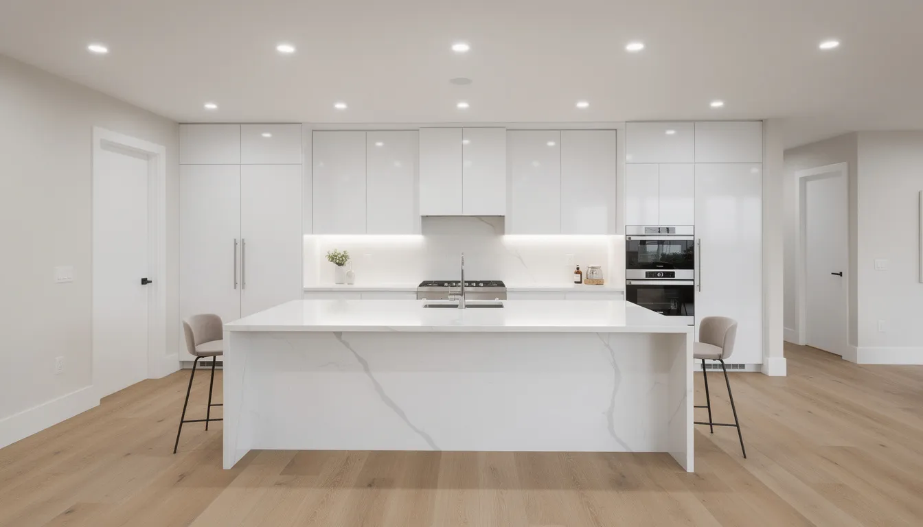 The image depicts a modern kitchen interior featuring white cabinets and a large island, illuminated by recessed ceiling lights that provide even ambient lighting. The design showcases a harmonious blend of task lighting and decorative fixtures, creating a warm and inviting atmosphere.