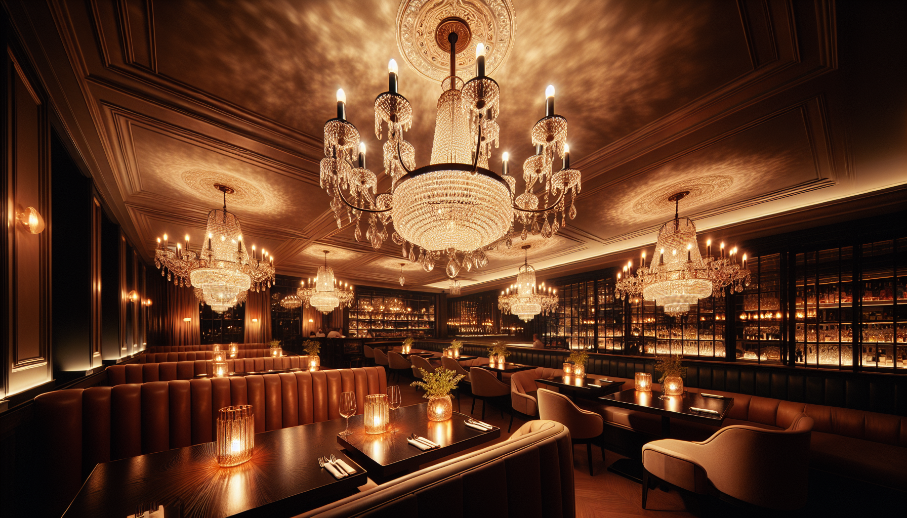 Upscale restaurant lighting with chandeliers and pendant lights