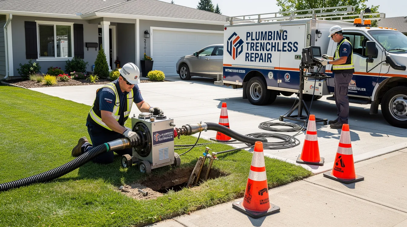 A professional plumbing crew is using trenchless repair equipment to work on a residential property's sewer line, focusing on repairing a broken sewer pipe without traditional excavation. The team is engaged in trenchless sewer repair methods, ensuring minimal disruption to the surrounding area while addressing sewer line issues.