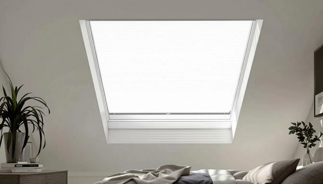 The image features a modern skylight in a contemporary Australian bedroom, with white cellular blinds partially closed, revealing their honeycomb structure. This stylish window covering enhances the room's natural light while providing a perfect fit for insulation and light control.