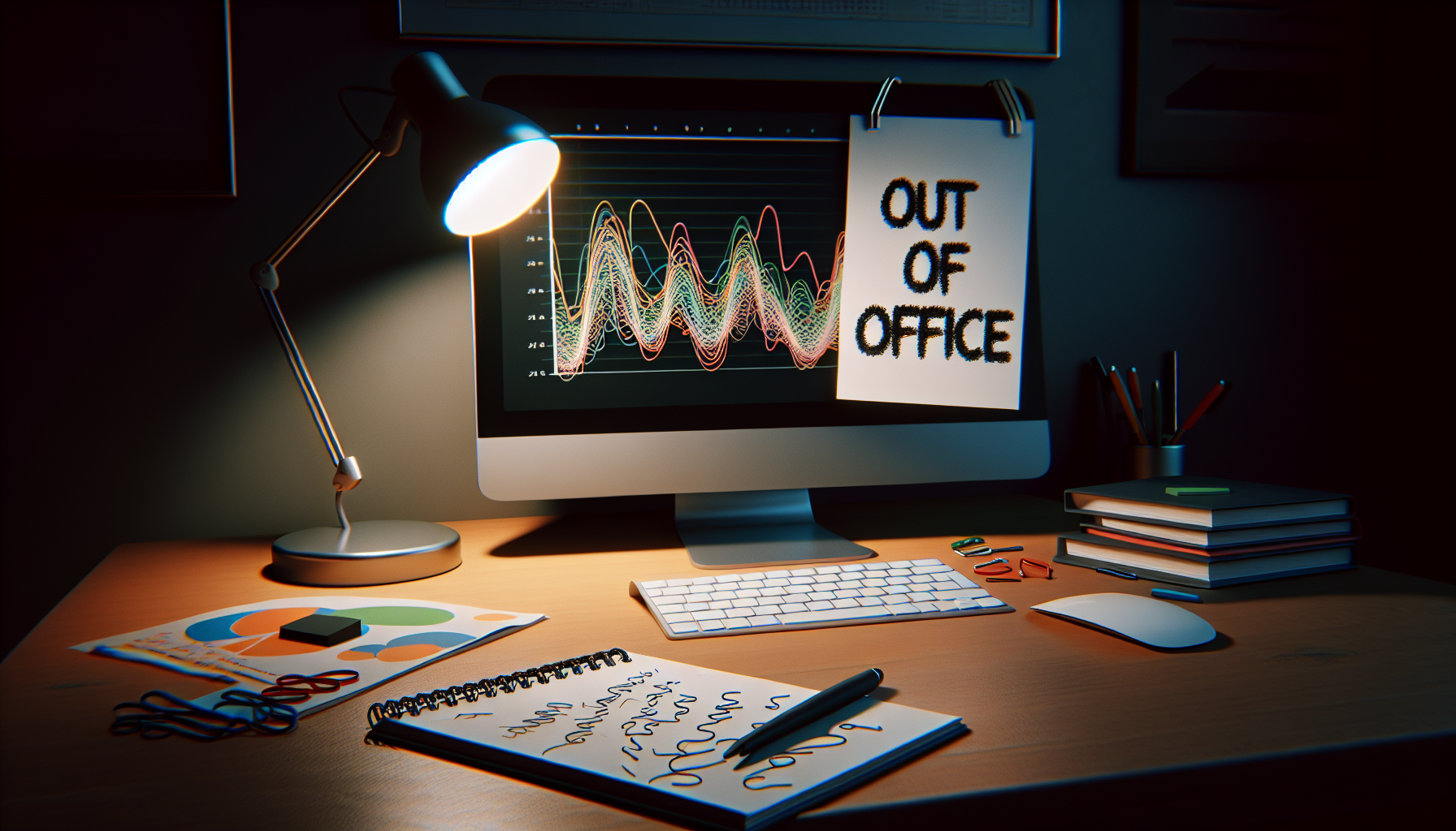Desk with 'Out of Office' sign and computer