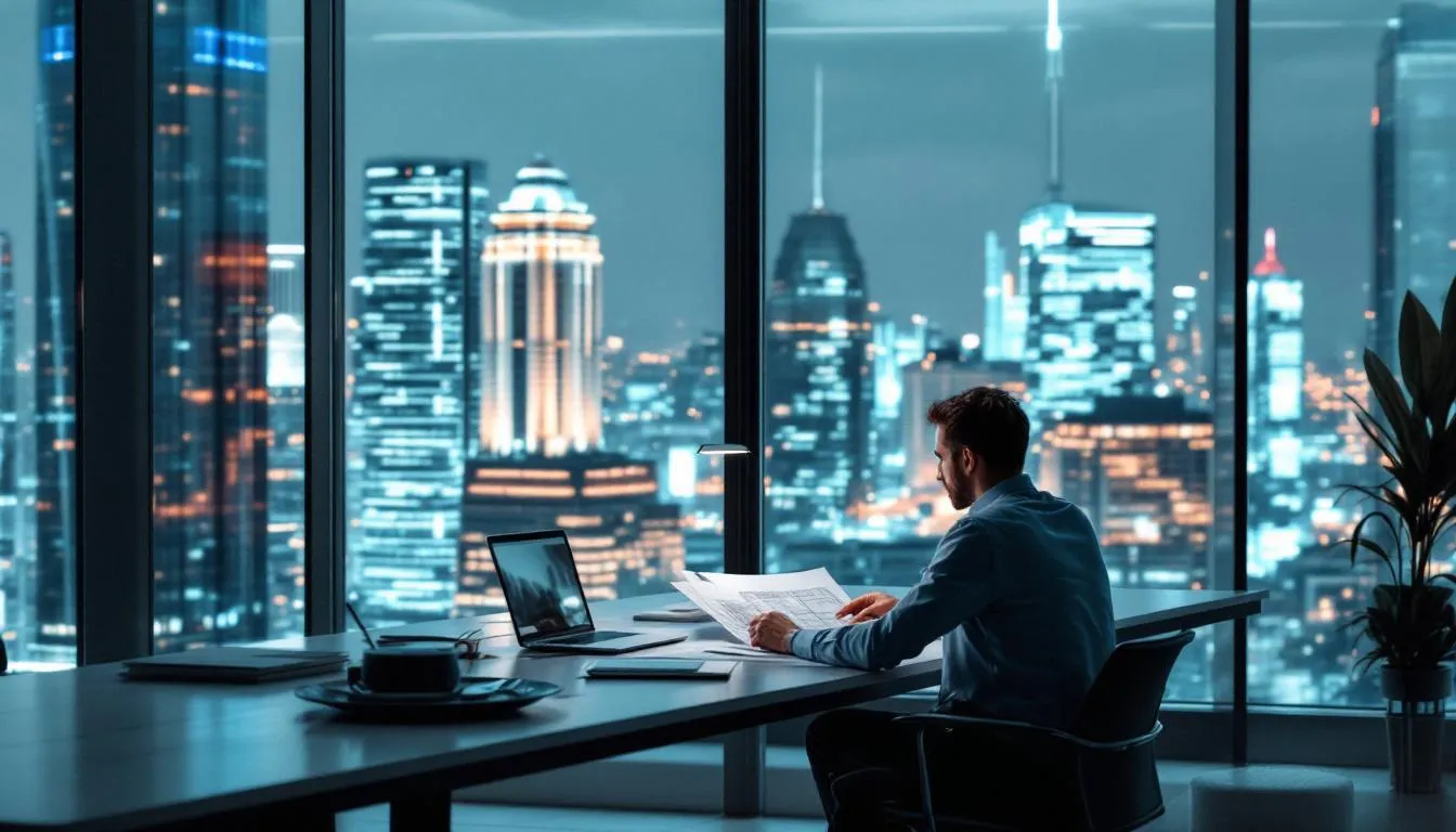 An architect reviewing blueprints and designs in a modern office space, symbolizing effective job-search strategies for architects.
