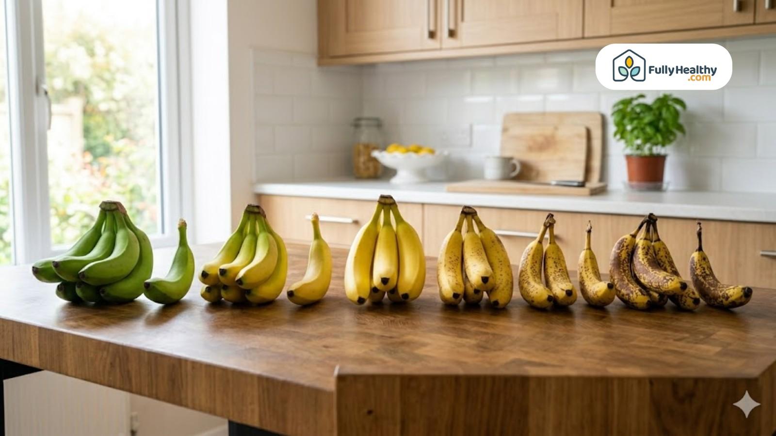 Bananas displayed in stages of ripeness from green to overripe
