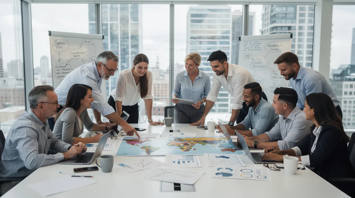 Un equipo diverso de líderes empresariales colabora alrededor de una gran mesa repleta de mapas y gráficos, debatiendo su eficaz estrategia de crecimiento de marca en un entorno de oficina moderno. Se centran en analizar los estudios de mercado para identificar oportunidades de crecimiento y captar a su público objetivo con vistas a alcanzar el éxito a largo plazo.