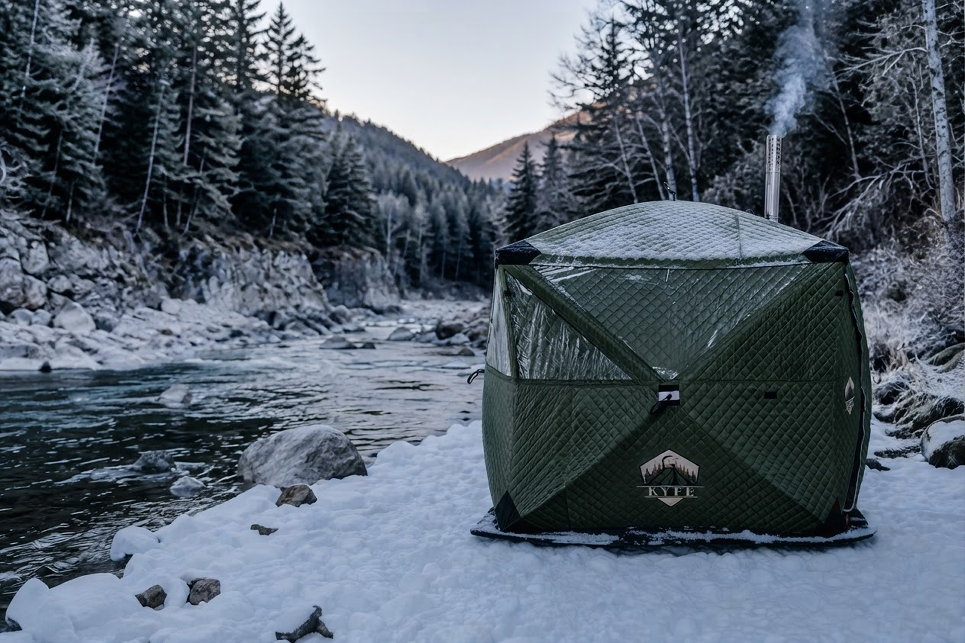 A portable sauna tent is nestled in a snowy winter landscape, adjacent to a wooden cabin, with tall trees in the background. This setup offers a unique sauna experience, allowing enthusiasts to enjoy the health benefits of heat therapy while surrounded by fresh air and the serene ambiance of nature.