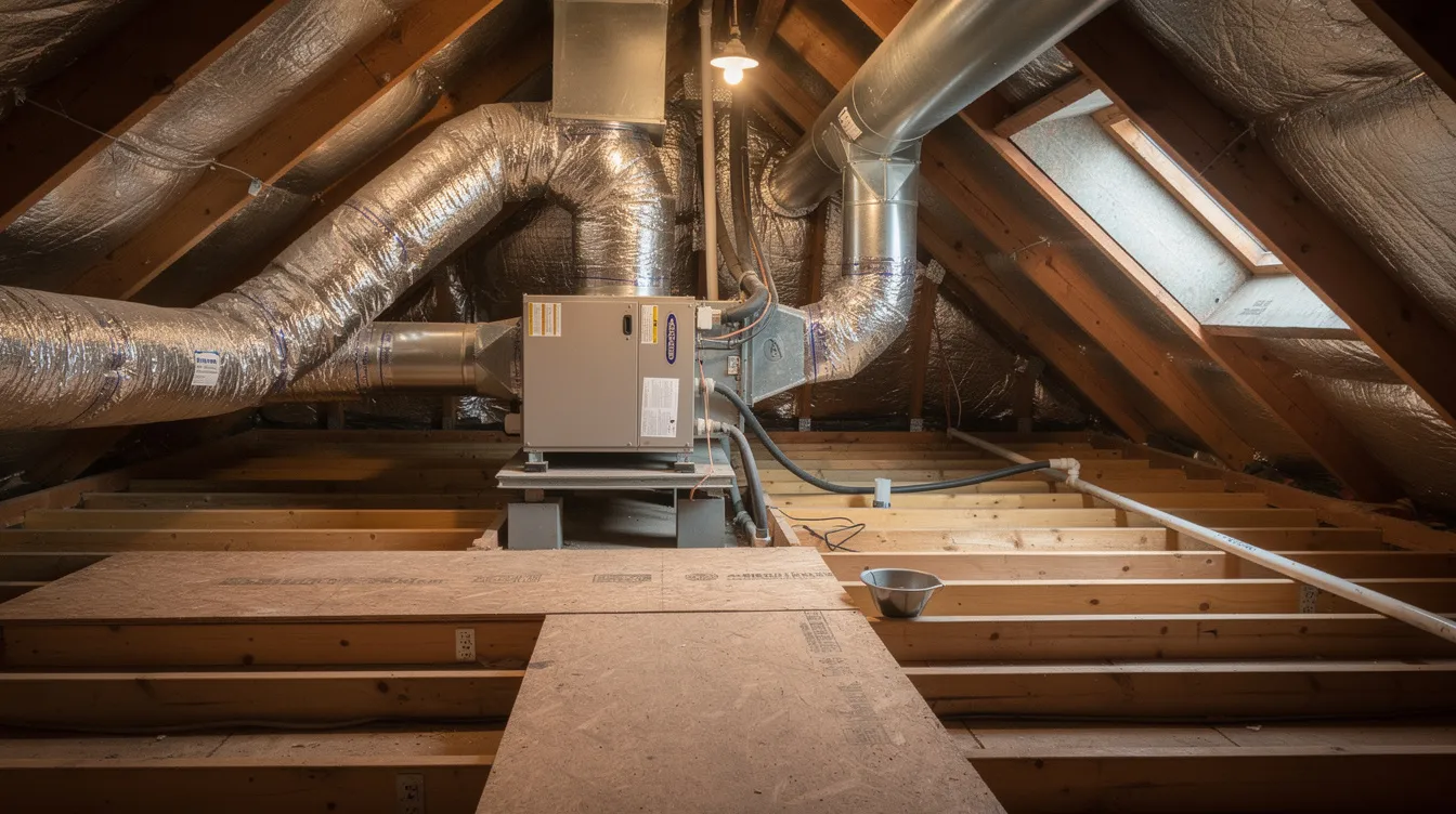 The image shows an HVAC air handler unit installed in a residential attic space, highlighting the importance of proper moisture management to prevent mold growth and water damage. This setup is crucial for maintaining indoor air quality and minimizing the risk of further damage from potential water intrusion or leaks.