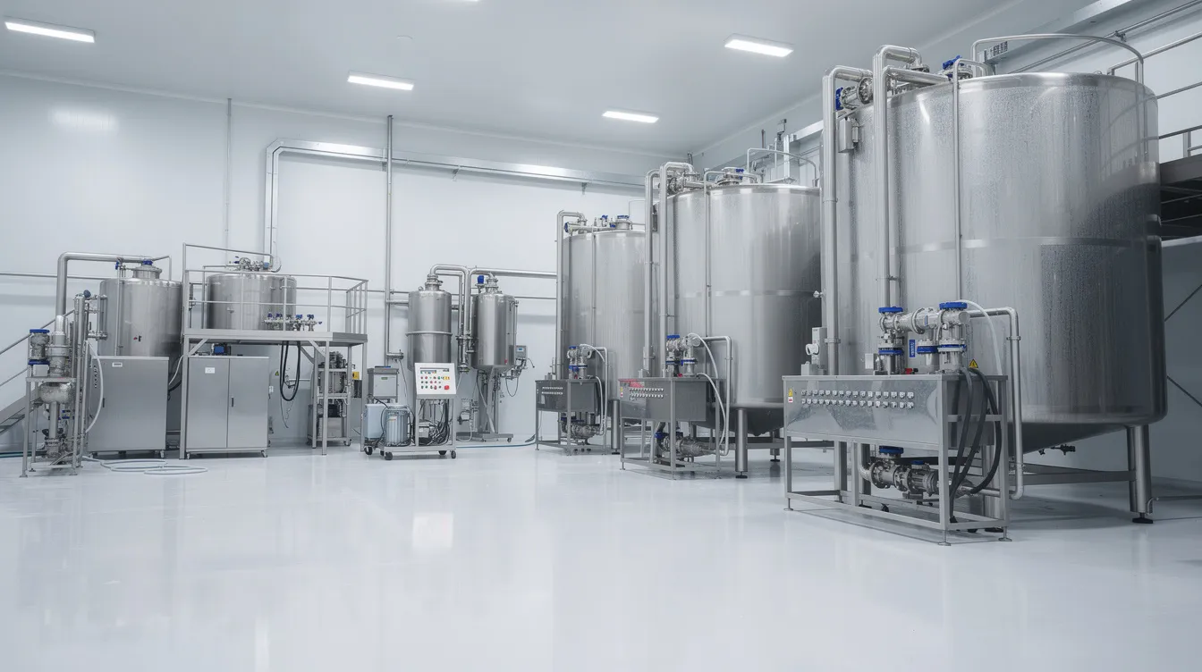 The image depicts an industrial dairy processing plant featuring large stainless steel tanks, an intricate network of pipes and valves, all situated in a clean and organized factory environment. This facility is designed for UHT milk processing, showcasing advanced equipment like heat exchangers and aseptic filling systems to ensure the production of long shelf life dairy products.