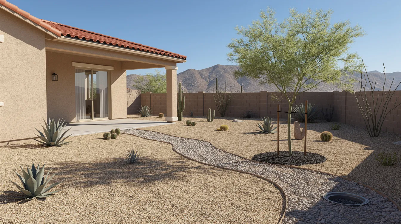 The image depicts a residential backyard in Arizona featuring desert landscaping designed with a proper drainage slope directing water away from the house, helping to prevent foundation leaks and water intrusion. This thoughtful design minimizes the risk of foundation damage and maintains a dry environment, essential for protecting the home's foundation from potential water accumulation and structural issues.