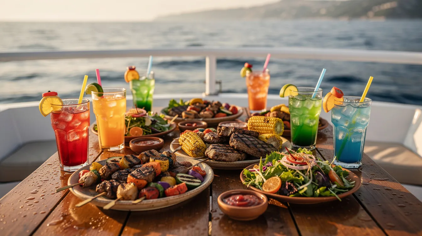 Uma mesa repleta de alimentos grelhados e bebidas coloridas está disposta em uma embarcação, com o mar azul turquesa ao fundo, evocando a atmosfera paradisíaca de Curaçao, um dos destinos encantadores do Caribe. A cena sugere momentos de interação e experiências inesquecíveis entre amigos, em um cenário que remete às belas praias e à diversidade cultural da ilha.