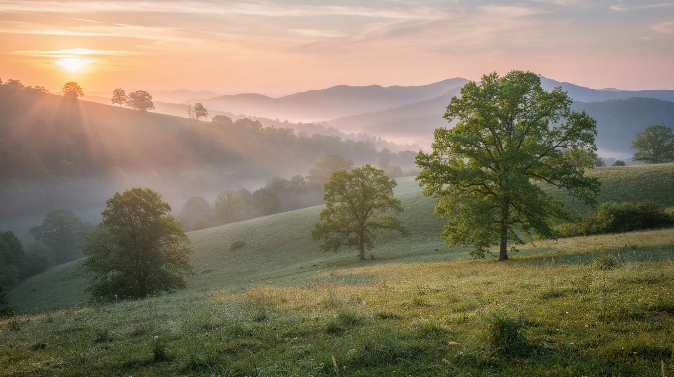 The image depicts a serene East Tennessee mountain landscape at sunrise, showcasing rolling green hills bathed in warm, golden light. This tranquil scene evokes a sense of peace, contrasting with the complexities of medical malpractice cases, such as those involving a failure to diagnose serious conditions like cancer.