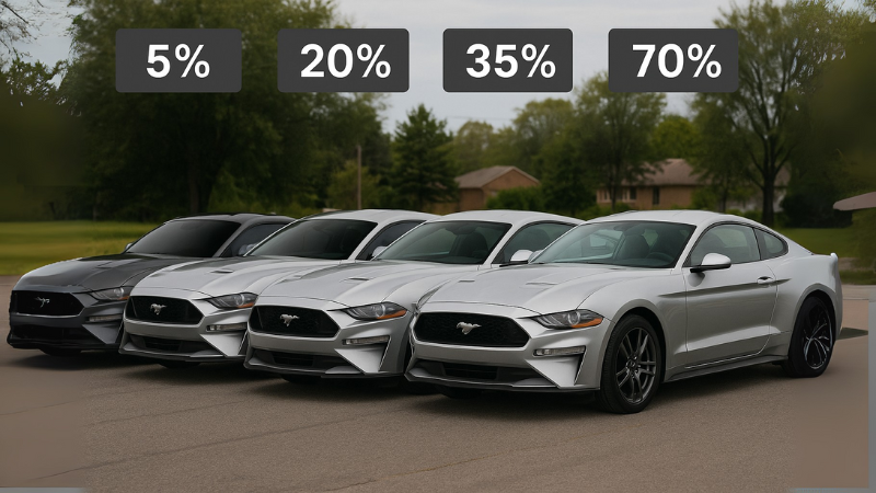 Different types of tint percentages on different cars' windows