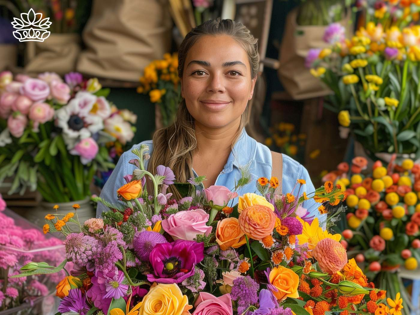 Confident florist holding a congratulations gift bouquet bursting with vivid hues, including purple anemones and orange roses, showcasing a passion for botanical artistry at a colourful flower market—Fabulous Flowers and Gifts same day delivery.