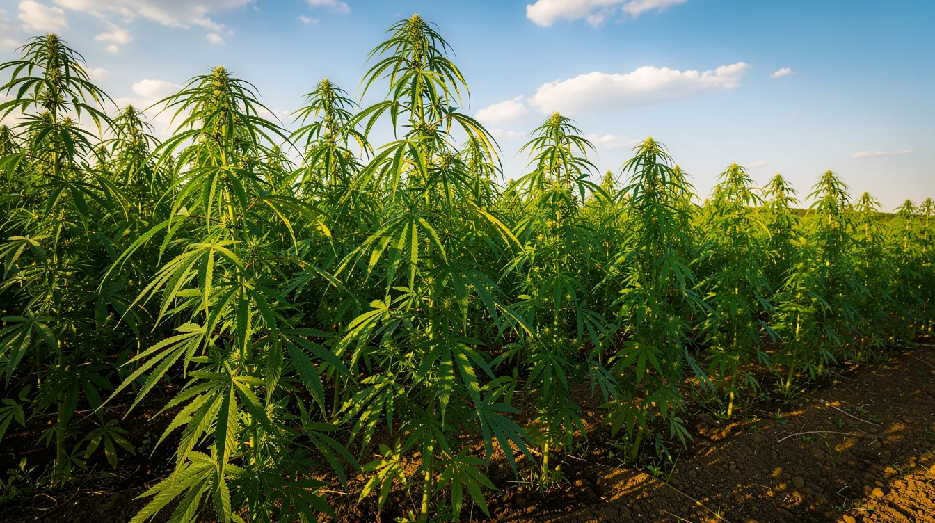 The image shows vibrant green hemp plants flourishing in an open field beneath a clear blue sky, representing the growth of industrial hemp, which is federally legal under the federal farm bill. This scene highlights the potential for hemp-derived products, including medical cannabis, within state laws like Utah's medical cannabis program.