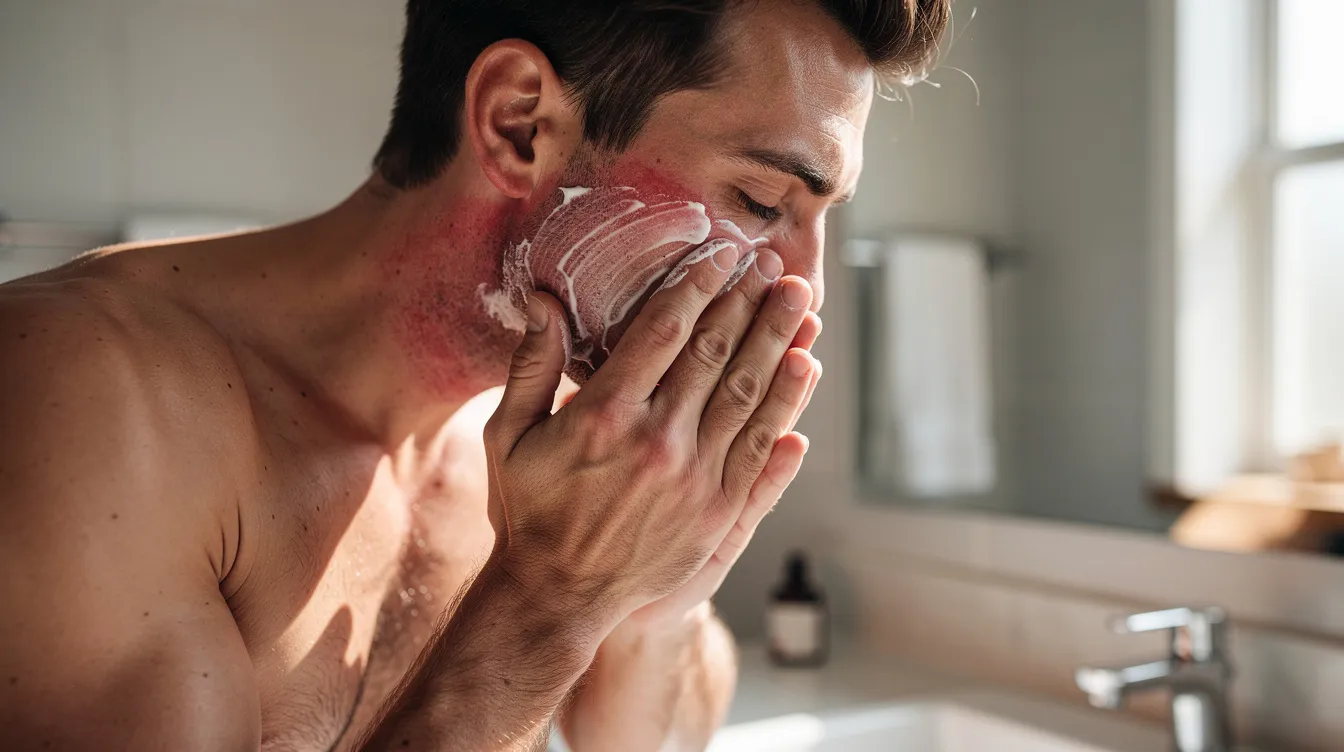 A close-up image of a man applying aftershave after shaving. Cooling ingredients such as menthol can provide a refreshing post-shave sensation and leave skin feeling fresh and clean.