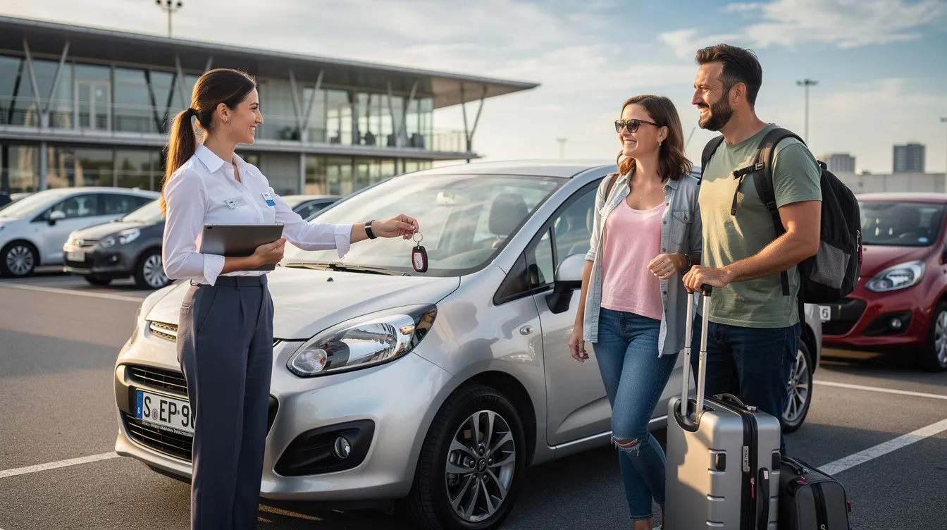 Een glimlachende autoverhuur medewerker overhandigt sleutels aan een toeristisch koppel voor een compacte huurauto. Deze scène benadrukt het gemak van het reserveringsproces en de tevredenheid van klanten bij autoverhuurbedrijven.