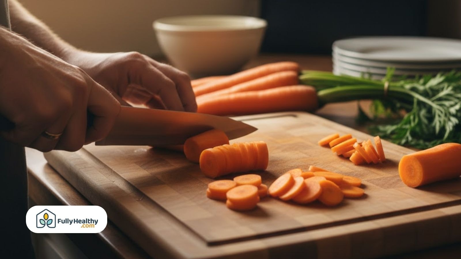 Sliced carrots being prepared on a cutting board.