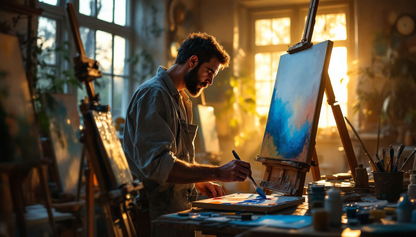 An artist in the process of creating a reproduction painting.