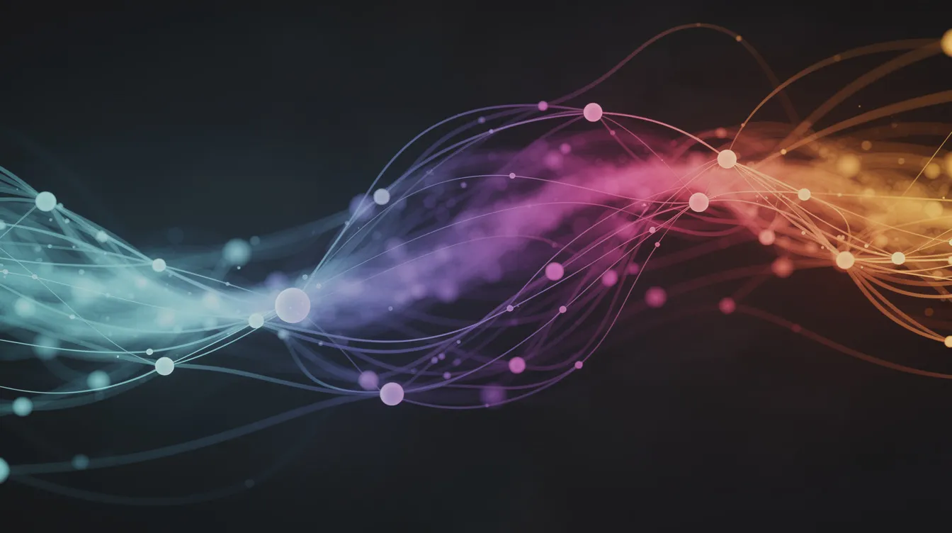 The image features an abstract representation of a flowing network composed of interconnected nodes, showcasing a vibrant gradient of colors. This visual metaphor embodies concepts related to deep learning, such as dynamic computation graphs and the intricate relationships between model parameters within neural networks.