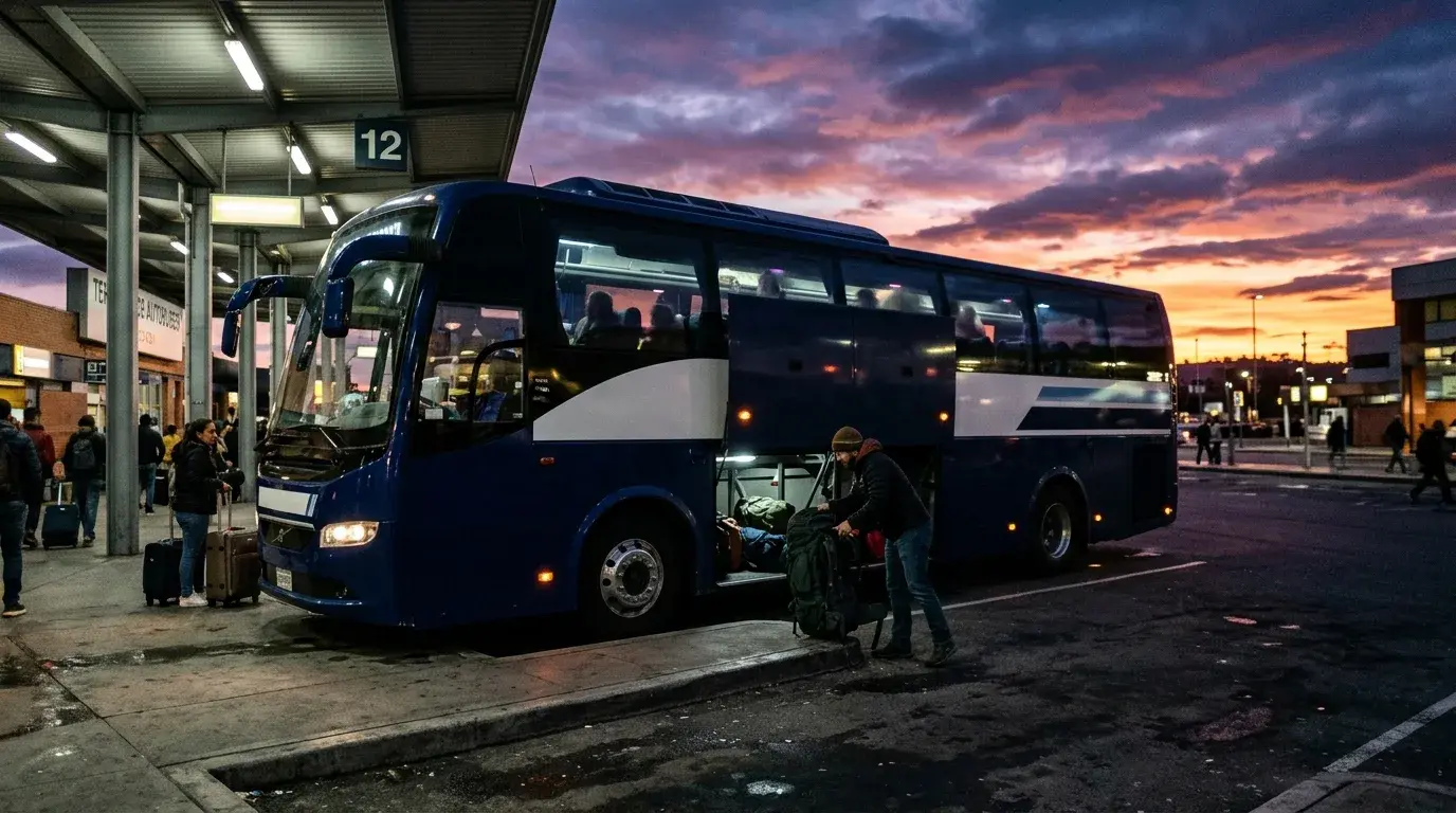 Coach parked under a station canopy at dusk while a traveller loads luggage