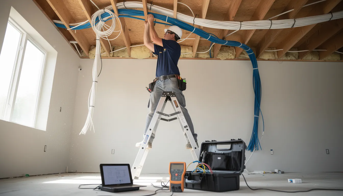 An electrician is shown installing data cabling through the ceiling cavity of a residential home, demonstrating expertise in structured cabling solutions for efficient electrical services. The image highlights the professional's focus on creating a reliable network infrastructure for the home.