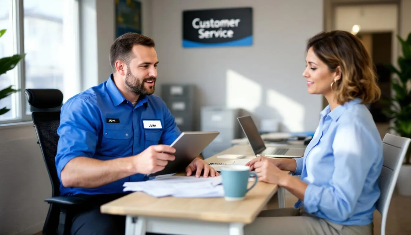 A service technician is discussing warranty documentation with a customer, ensuring they understand the details related to their hot tub service and future repairs. The scene reflects a commitment to quality and customer satisfaction in maintaining their spa.