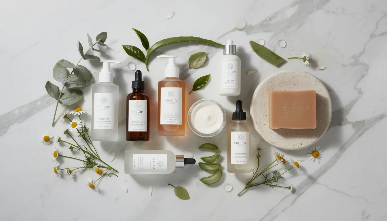 An array of organic skincare products, including eye cream and night cream, is beautifully arranged on a marble surface, accompanied by fresh botanicals. This clean beauty display emphasizes the use of organic ingredients and sustainable packaging, promoting a natural approach to skincare without harmful chemicals.