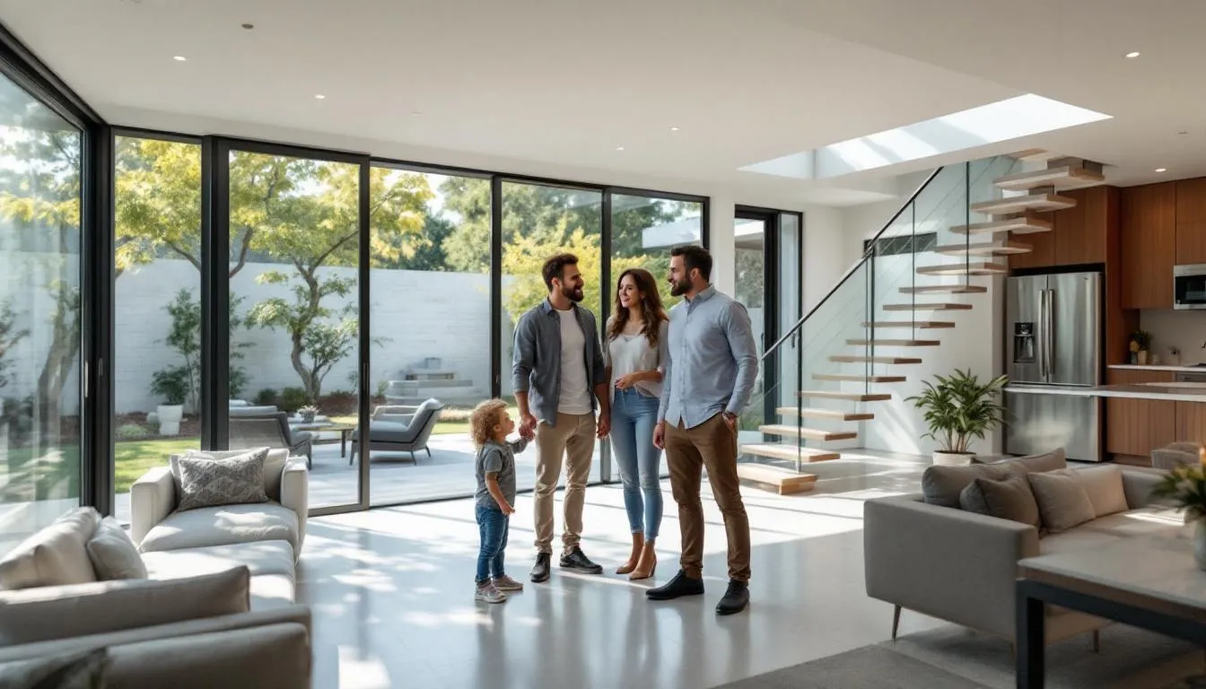A family happily discussing plans for their new dream home with a builder.