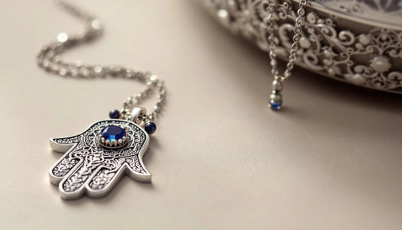 The image features a beautifully handcrafted silver hamsa pendant, symbolizing protection and good fortune, suspended from a delicate chain. This modern piece of jewelry is perfect for everyday wear and makes an ideal gift, embodying positivity and peace.