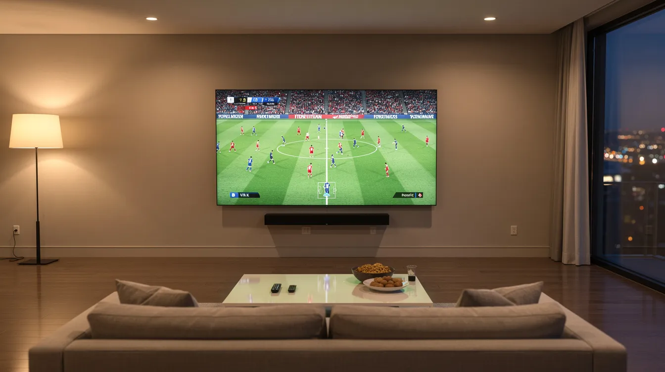 The image depicts a modern living room featuring a large flat screen smart TV streaming a football match, showcasing vibrant colors and high-definition picture quality. The setup reflects a cozy atmosphere, perfect for sports fans enjoying live TV through an IPTV service.