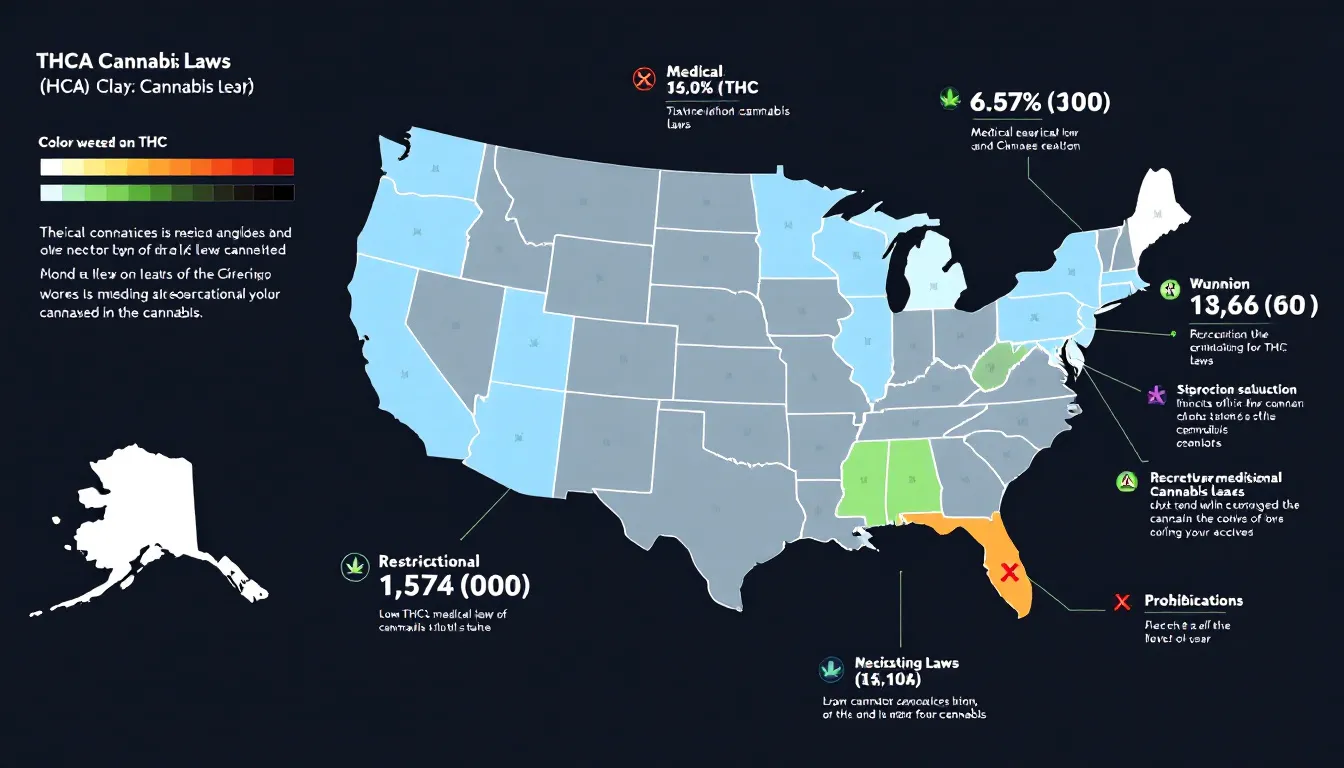 A map of the United States highlighting various state laws governing THCA.