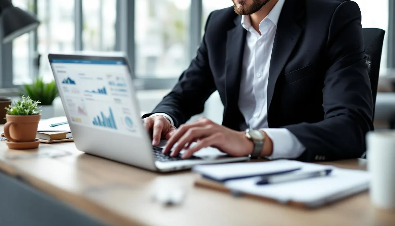 A professional real estate agent is focused on reviewing marketing analytics on a laptop, analyzing digital marketing strategies to effectively showcase properties and attract potential buyers in a competitive real estate market. The agent's workspace is organized, reflecting a commitment to successful sales and building strong relationships with clients. A professional real estate agent is focused on reviewing marketing analytics on a laptop, analyzing digital marketing strategies to effectively showcase properties and attract potential buyers in a competitive real estate market. The agent's workspace is organized, reflecting a commitment to successful sales and building strong relationships with clients.