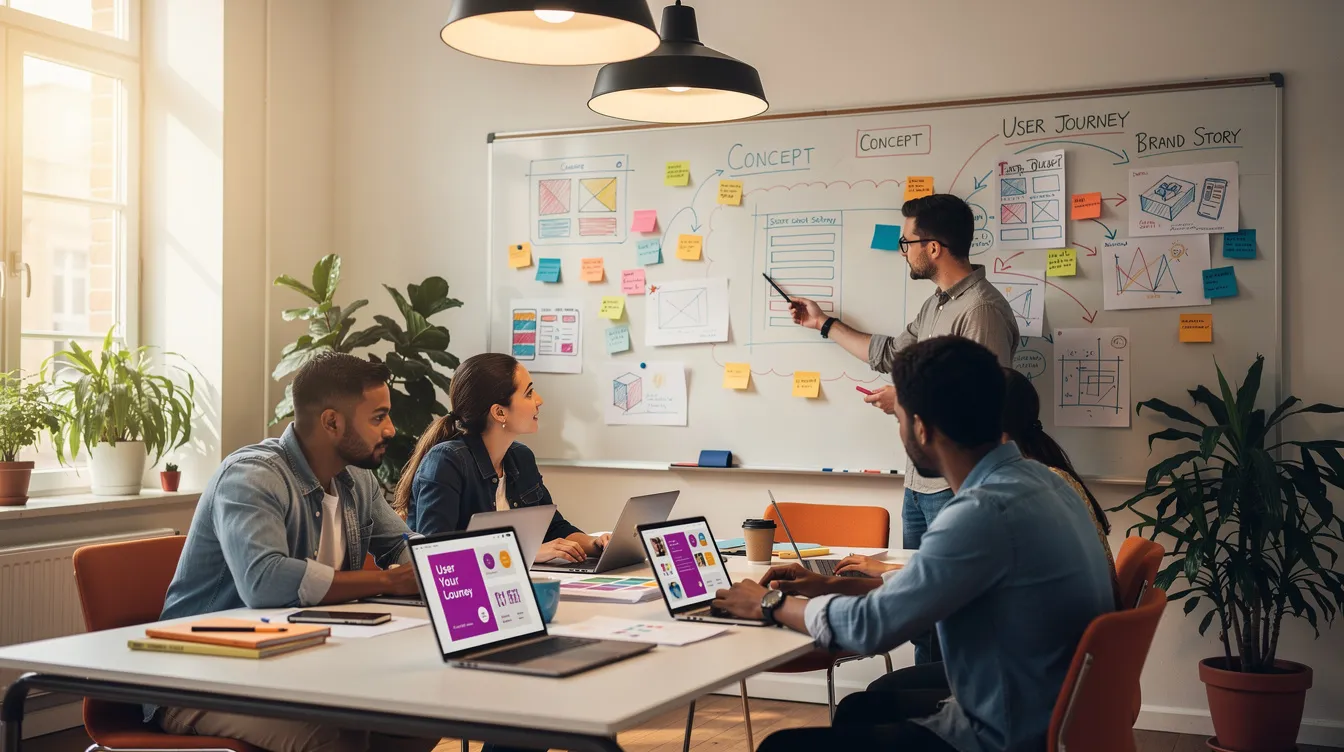 A diverse creative agency team is engaged in a collaborative design project, surrounded by computers and whiteboards filled with sketches and notes. They are brainstorming ideas for a pitch deck presentation, focusing on key elements like the value proposition and market opportunity to attract potential investors.