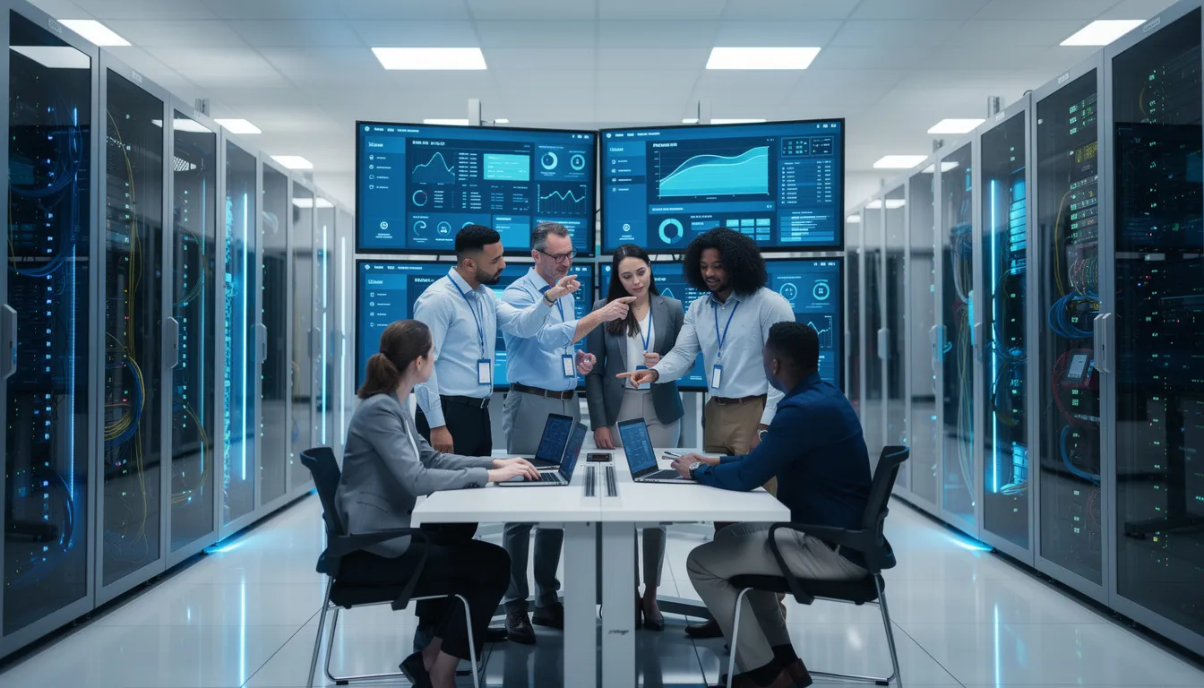 L'image montre des professionnels travaillant dans un centre de données moderne, surveillant plusieurs racks de serveurs. Ils s'assurent de la continuité des activités et de la mise en place de plans de reprise d'activité pour gérer les incidents et maintenir la résilience du système informatique.