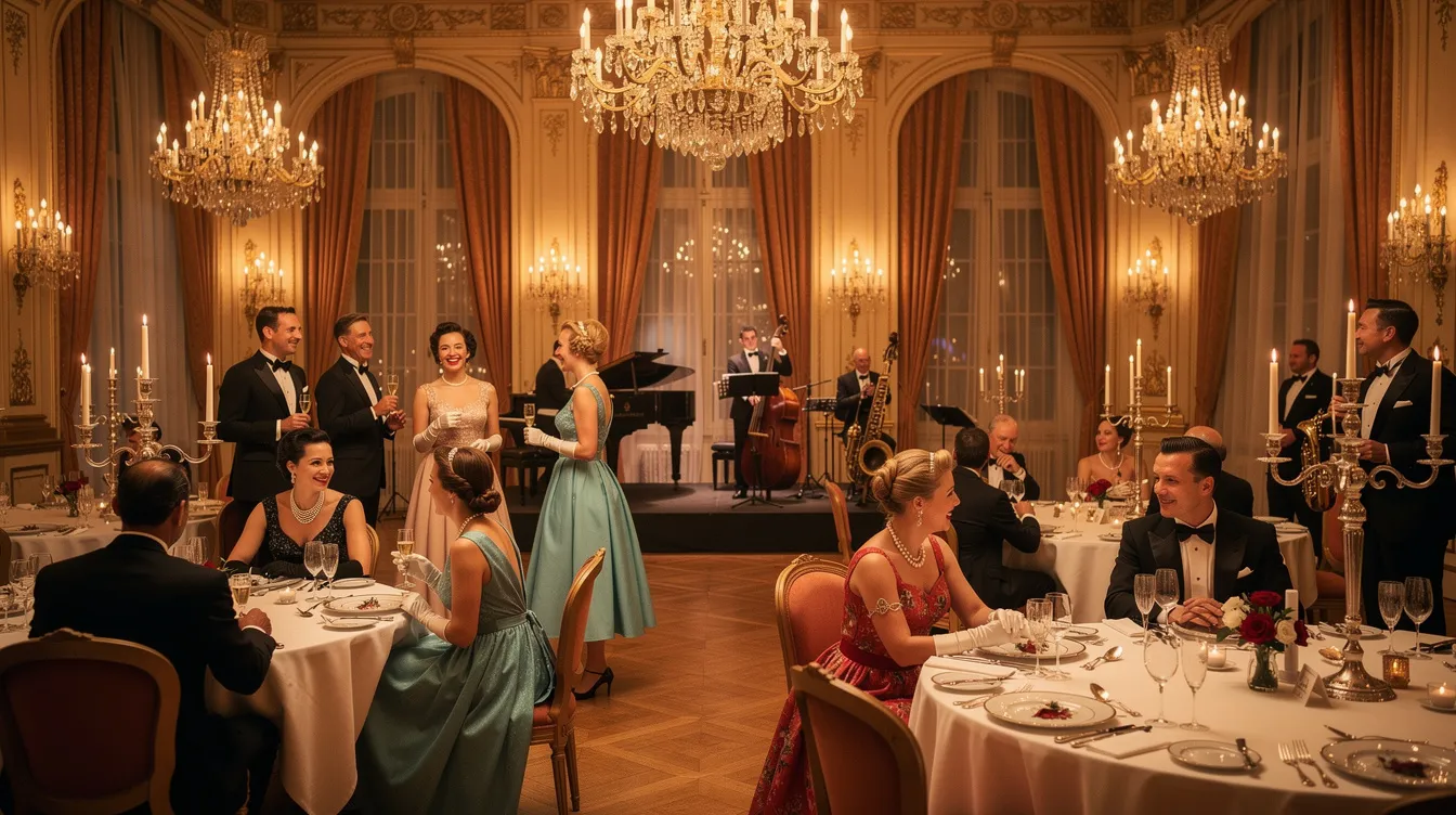 Die elegante Abendveranstaltung im Stil der 1950er Jahre zeigt Menschen in formeller Kleidung, die an runden Tischen in einem großen Festsaal mit funkelnden Kronleuchtern sitzen. Die Atmosphäre erinnert an die glamouröse Filmgeschichte und das Showgeschäft, das durch Stars wie Bette Davis und Anne Baxter geprägt wurde.