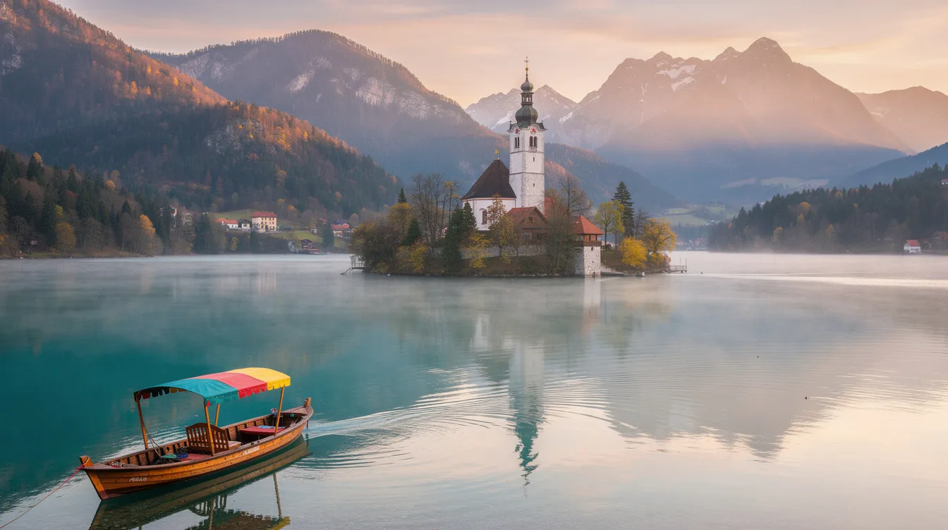A imagem mostra o Lago Bled, um dos destinos mais encantadores do mundo, com suas águas cristalinas cercadas por montanhas e a famosa ilha com uma pequena igreja no centro. Este local é ideal para famílias que buscam turismo e cultura em suas viagens.