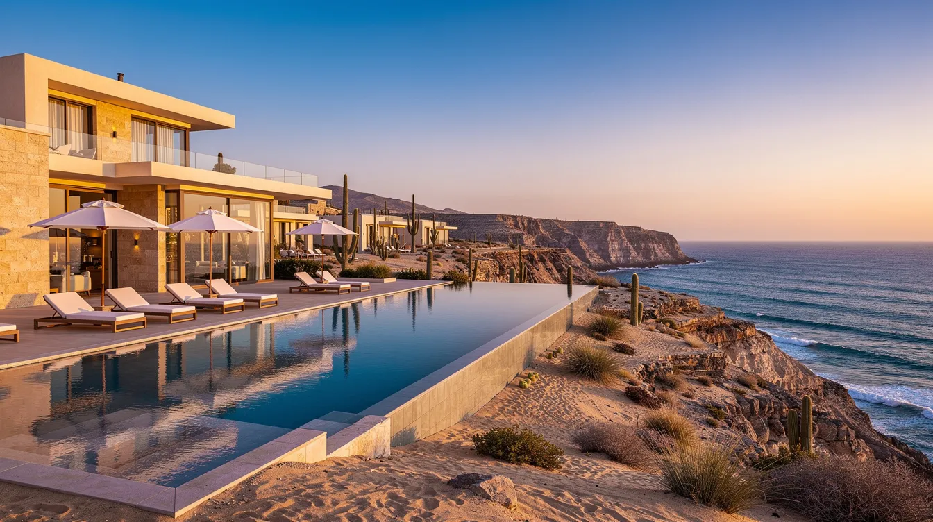 The image depicts a luxurious desert resort featuring an infinity pool that offers breathtaking views of a dramatic ocean coastline with rocky cliffs and vibrant blue water. This perfect setting in Mexico provides guests with a memorable experience, combining spacious rooms, personalized service, and easy access to the beach and amenities.