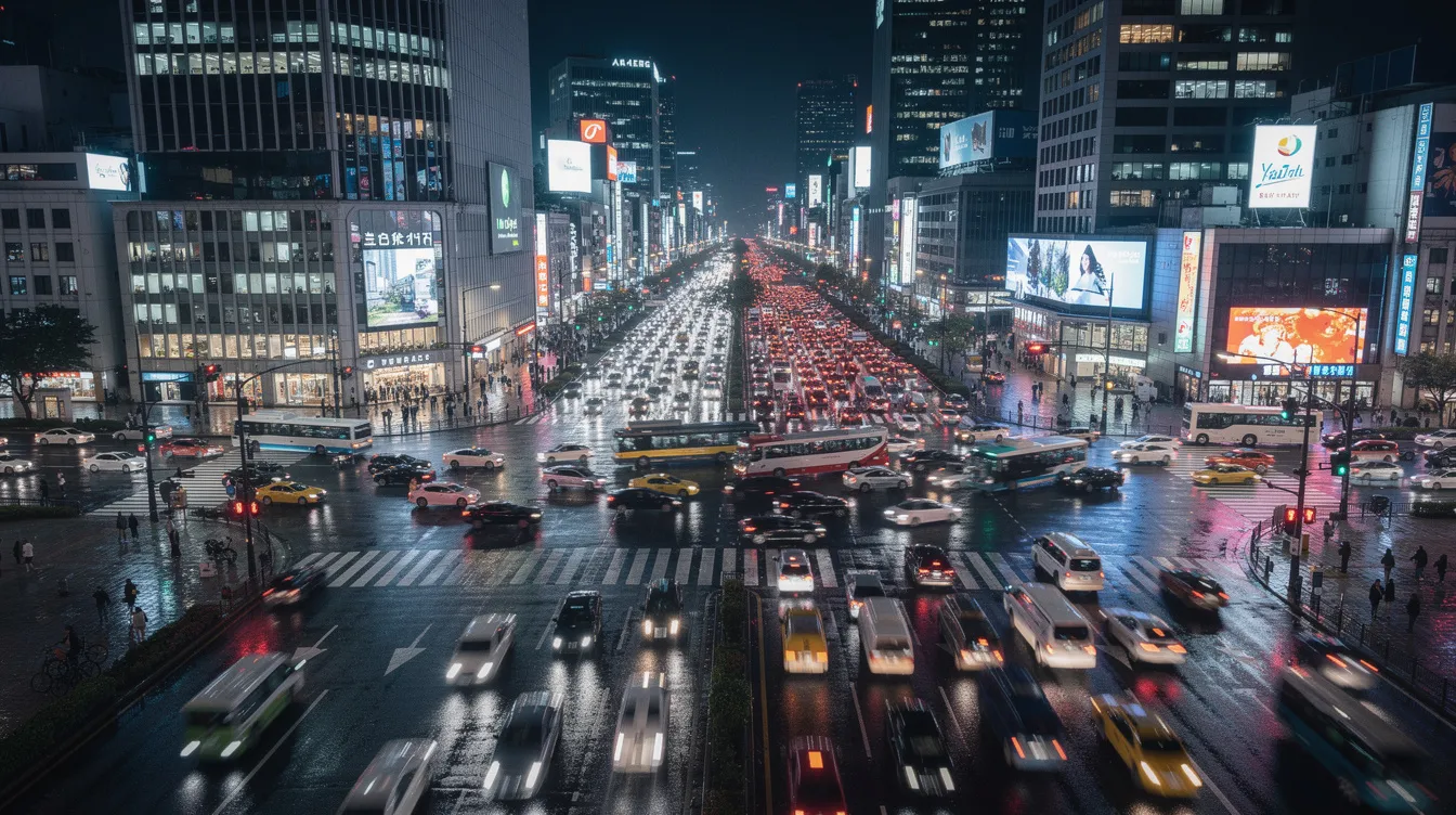 The image depicts a congested urban intersection at night, illuminated by the bright headlights and taillights of various vehicles, including rideshare vehicles like Uber and Lyft. This scene captures the chaotic atmosphere typical of a busy city, where accidents involving rideshare drivers can occur, highlighting the importance of understanding rideshare insurance coverage and legal representation in such incidents.