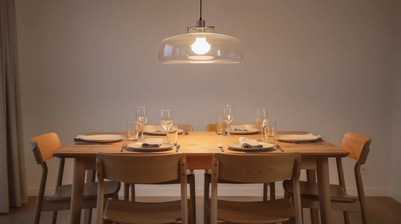 En elegant taklampa i glas, en pendellampa, hänger över ett dukat matbord i trä med stolar runtom. Lampan sprider ett mjukt ljus och skapar en modern känsla i matsalen.