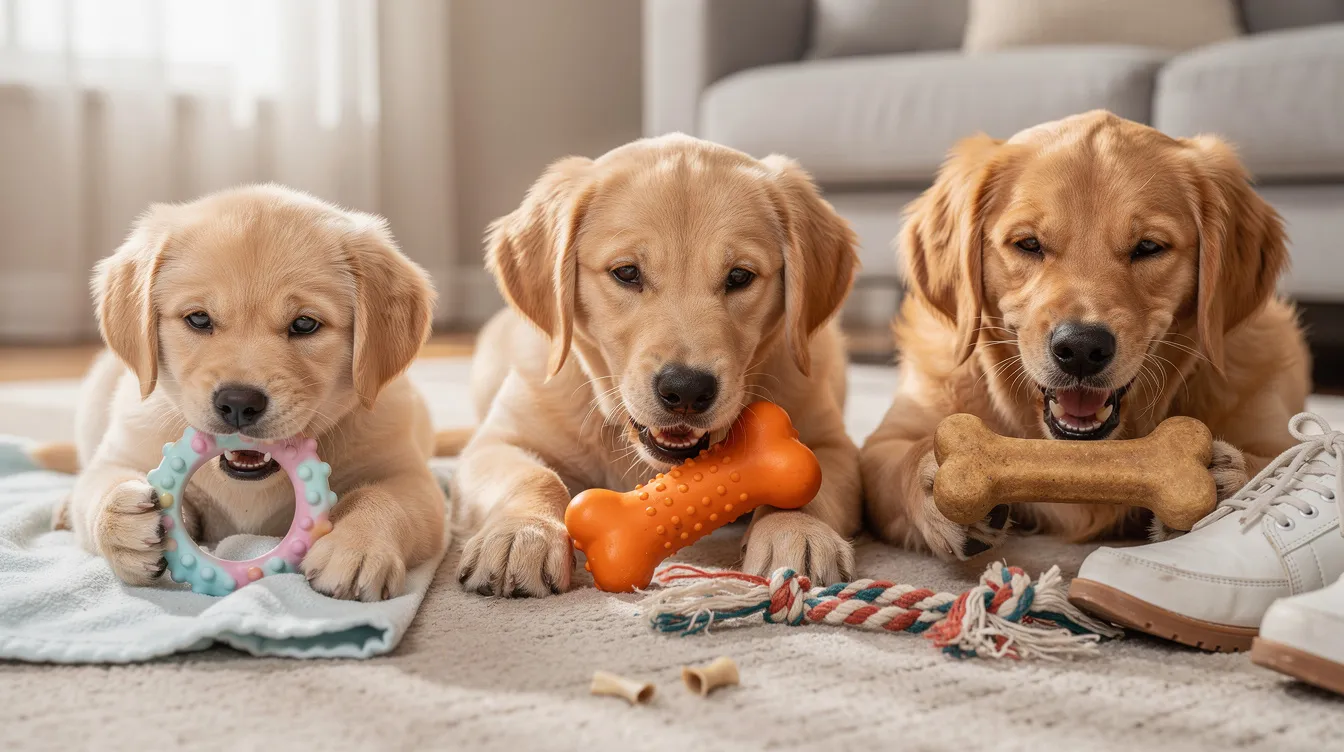 The image depicts a teething puppy with visible baby teeth and swollen gums, surrounded by various safe chew toys designed to soothe its discomfort during the teething process. The puppy is playfully chewing on a soft rubber toy, illustrating the natural transition from baby teeth to adult teeth.