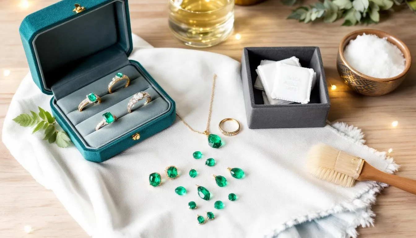 The image showcases a well-organized emerald jewelry care setup, featuring cleaning tools and various storage options for items like emerald earrings and diamond rings. This arrangement emphasizes the importance of proper maintenance for a stunning jewellery collection.